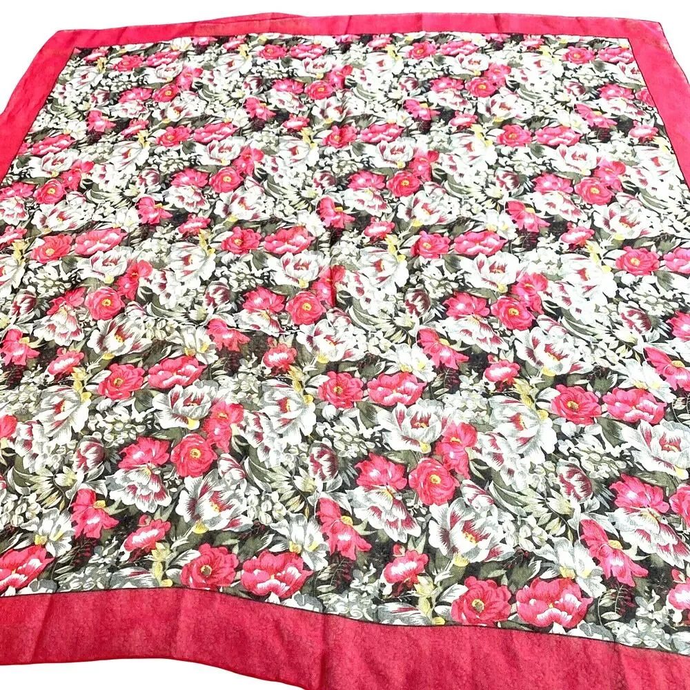 Alcott & Andrews sheer silky crepe scarf red & green floral square cottagecore